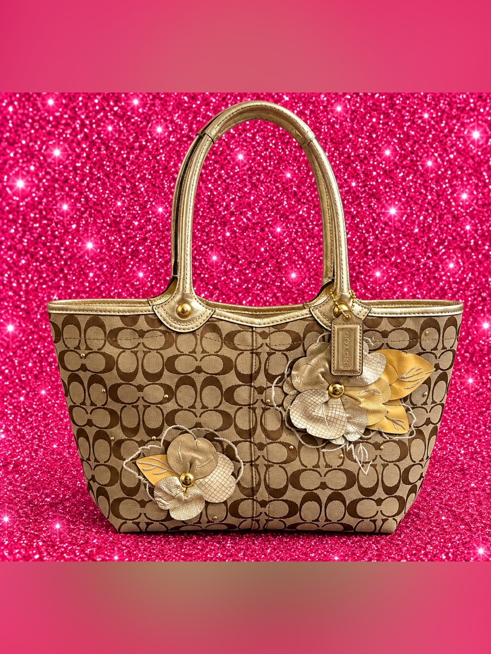 Coach Brown Signature Tote with Gold Floral Appliqués